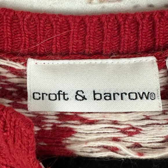 Women's Croft & Barrow Silk Blend Reindeer Snowflake Red Cream Zip Cardigan Sz L - Picture 5 of 8